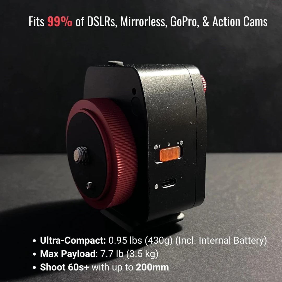 NOMAD tracker fits 99% of DSLRs, Mirrorless, GoPro, &amp; Action Cams.
weighs 430g &amp; max payload: 7.7lb 