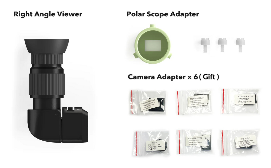 Astromania 1X/2.5X Magnification Right Angle Viewfinder With 6 Mounting Adapters For DSLR Camera